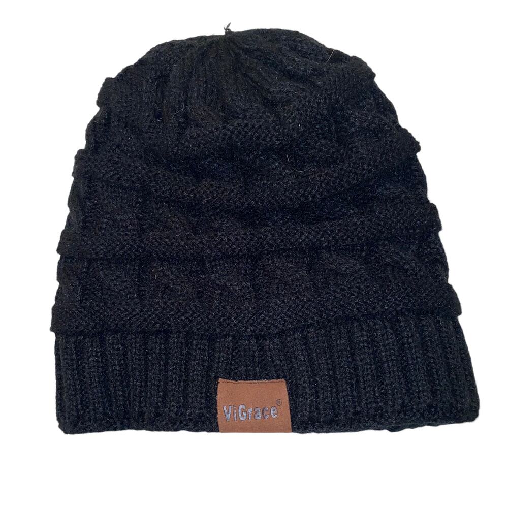 ViGrace Knit Beanie Hat Cap with fleece type lining Black One Size Fits Most y2k
